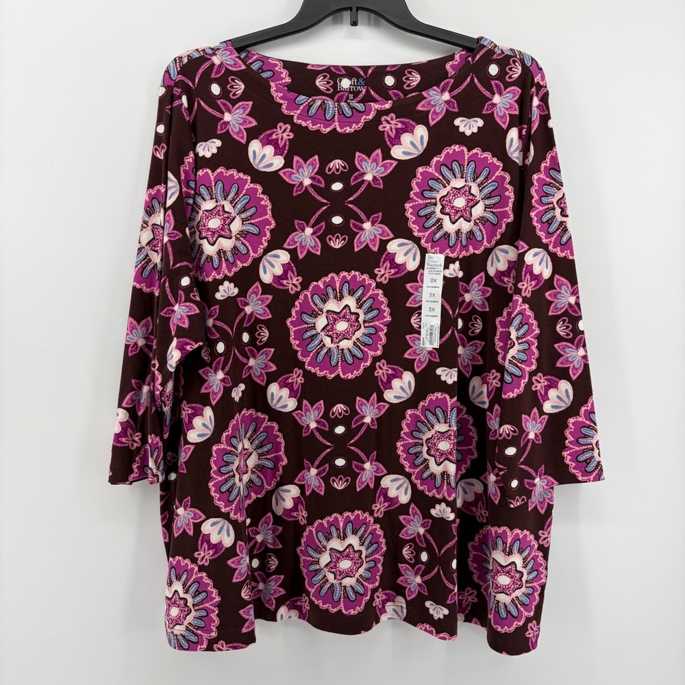 Croft & Barrow 3X Multicolor Floral Medallion 3/4 Sleeve‎ Boatneck Cotton Top